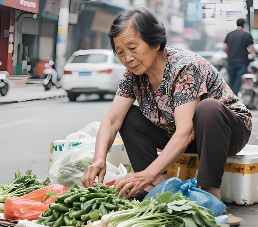 小区门口菜摊整理青菜的中年大姐