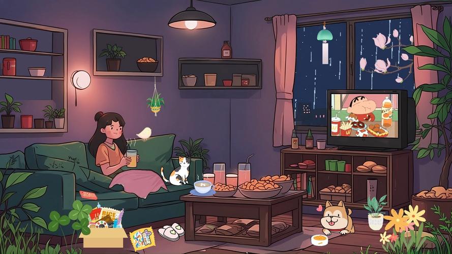 周末宅家沙发上看动漫追番场景