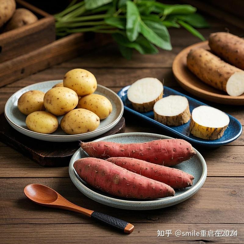 厨房台面上整理好的新鲜土豆红薯山药根茎类食材