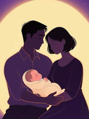 夫妻早晨合作照顾婴儿的场景插画