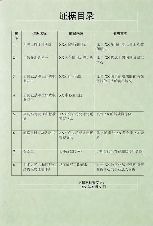 民事诉讼证据清单表格示例