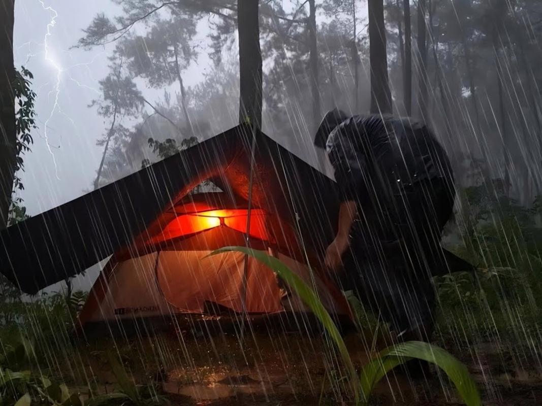 户外露营暴雨中帐篷漏水狼狈场景