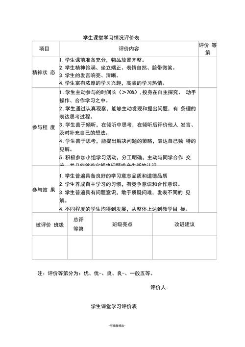 学生课堂学习过程性评价观察记录表填写