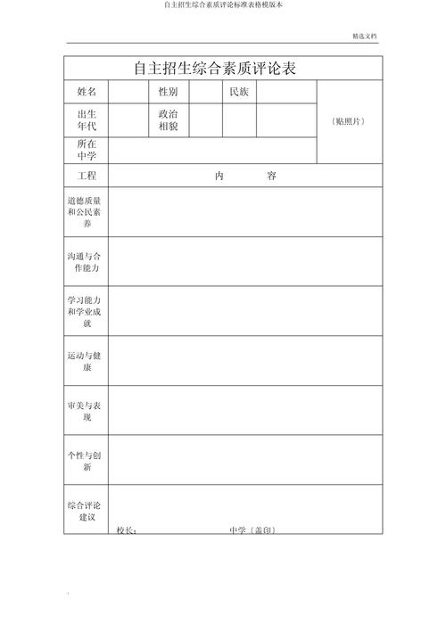 高校自主招生综合素养评价表