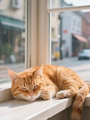 胖橘猫蹲在阳台窗台矮猫爬架晒太阳