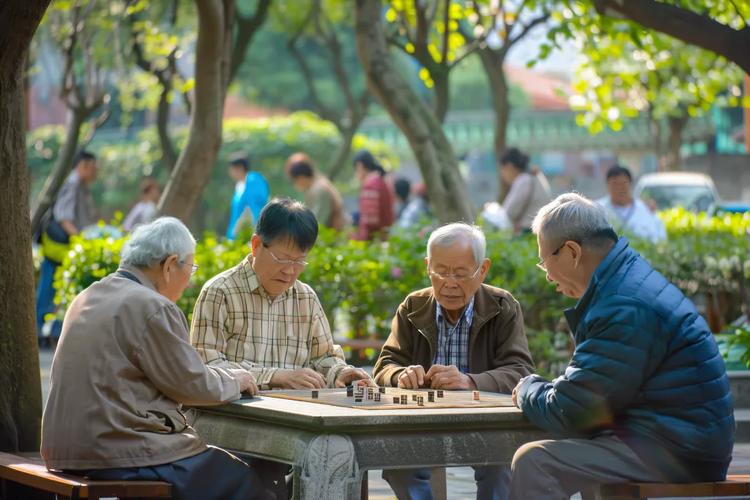 城市街心公园里一群中老年朋友下棋聊天场景