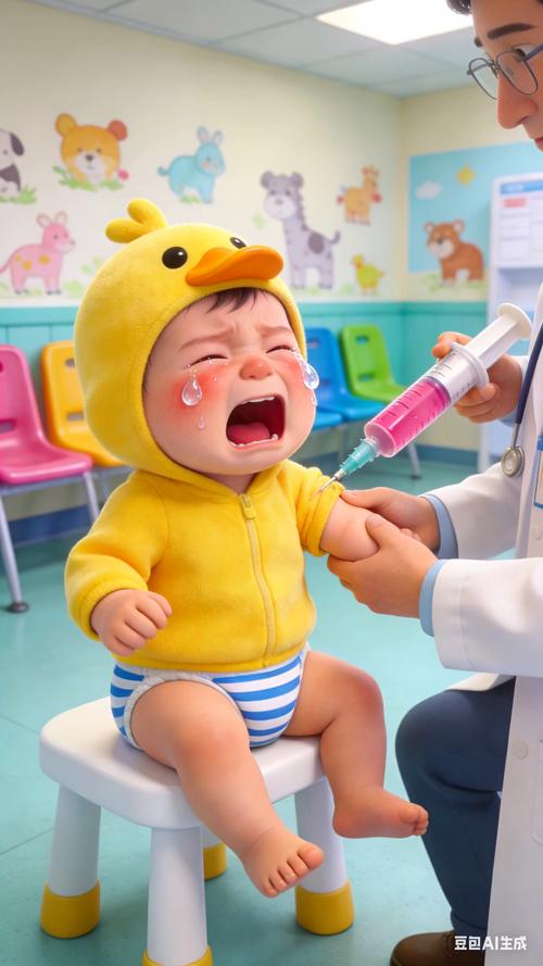 幼儿打完疫苗后盯着妈妈手背上小恐龙贴纸的委屈眼神特写