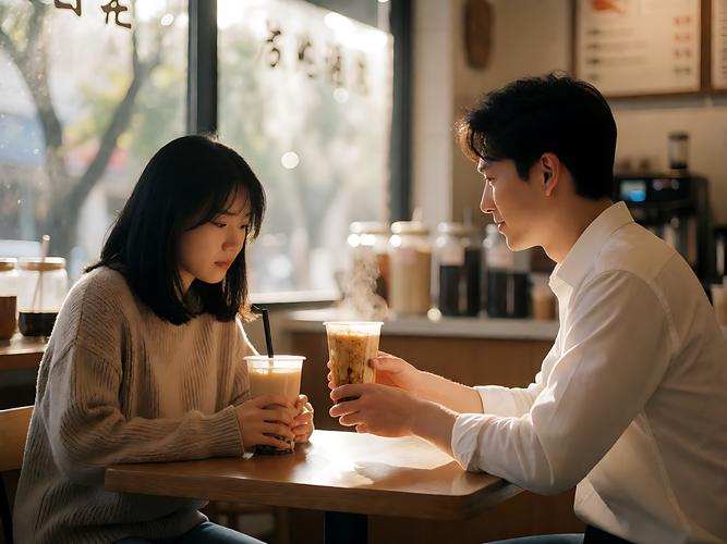 女生举着热奶茶站在男生公司楼下等人的落寞场景
