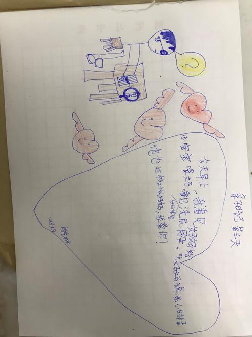 夜晚书桌上手写育儿笔记和一张孩子画的歪歪扭扭的卡片