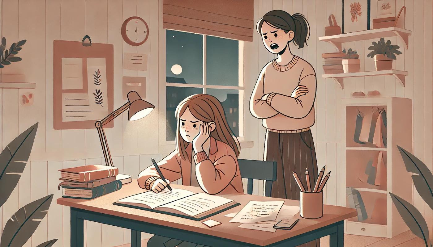 焦虑母亲指着成绩单与邻居孩子对比插画
