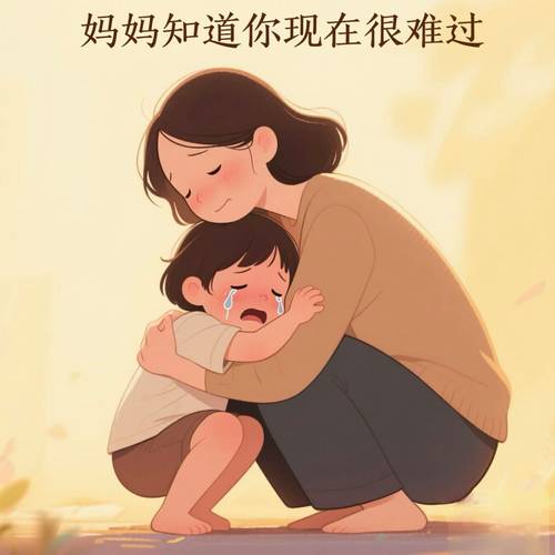 妈妈蹲下来和哭的小学低年级孩子平视手轻搭在孩子手腕上