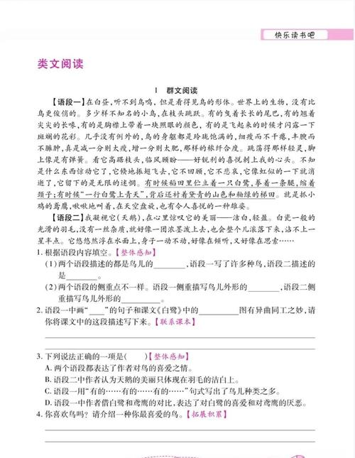 小学五年级语文阅读理解过渡句真题页