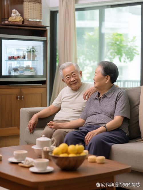 白发夫妻在沙发上看电视打盹