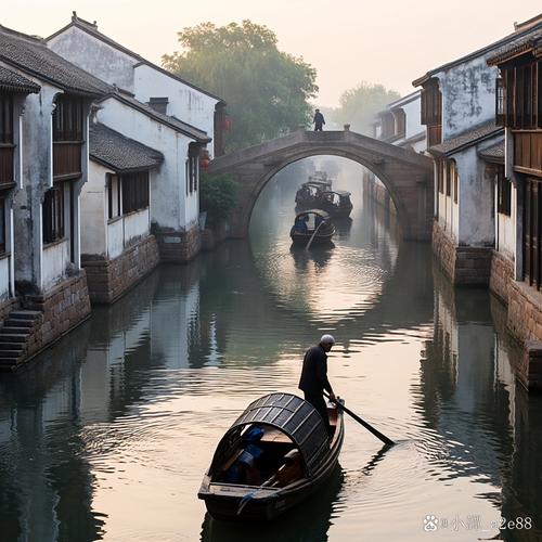 乌镇西栅清晨摇橹船划过石拱桥的晨雾场景