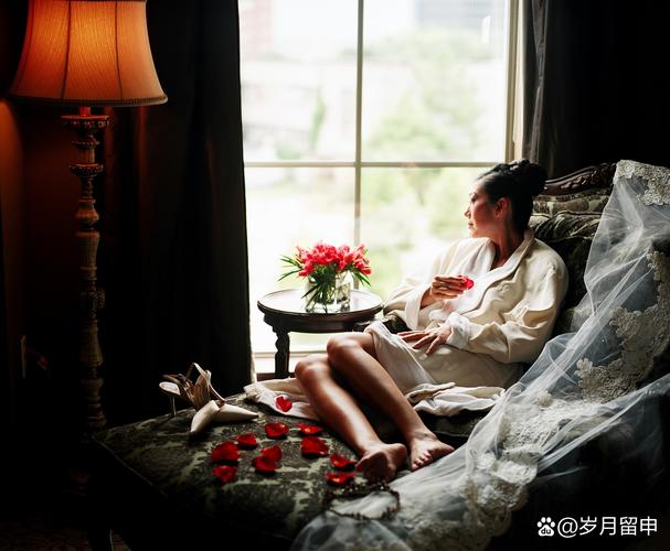 一位母亲在卧室落地镜前拥抱自己的温情侧影