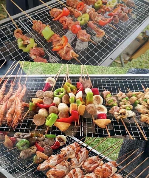 户外烧烤烤架分区摆放不同食材实拍