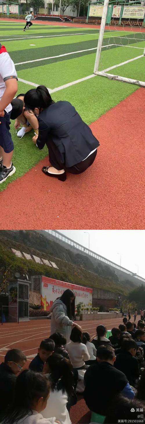 老教师蹲在操场边和穿校服学生聊天的侧影