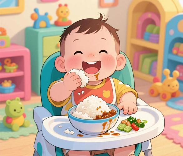 1岁宝宝自主进食抓饭场景图