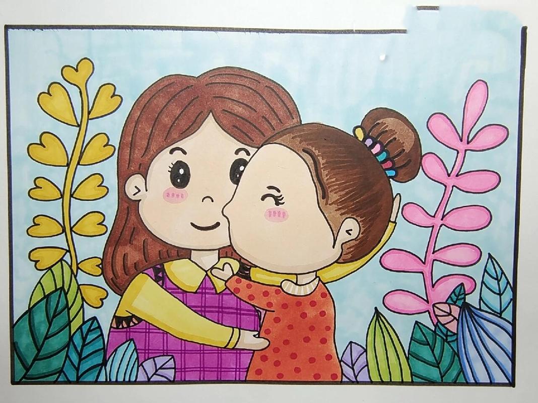 妈妈和孩子一起笑着看涂鸦画作