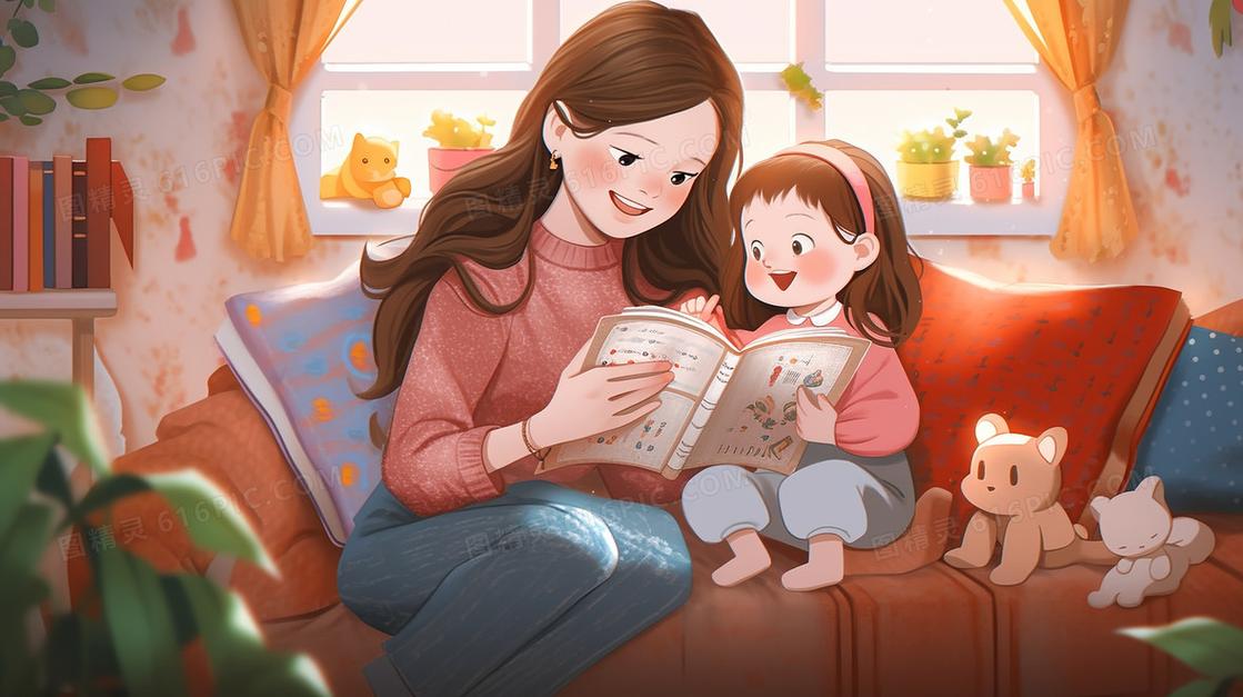 妈妈和孩子一起翻看绘本温馨画面