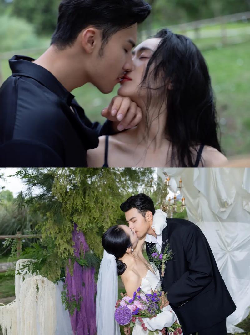 摄影师引导韩式婚纱照夫妇鼻尖吻场景