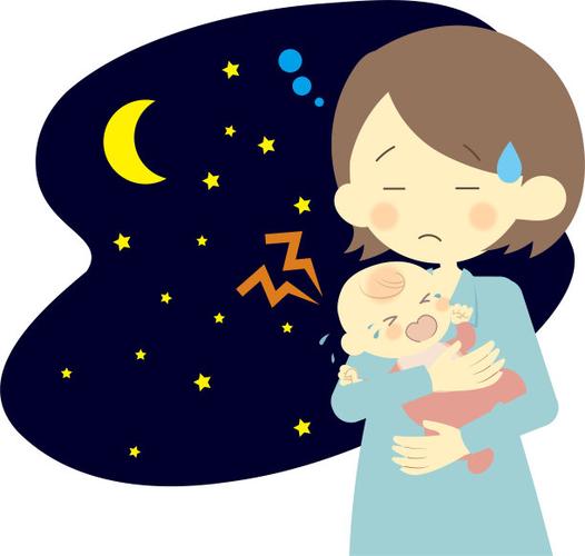 妈妈深夜安抚哭闹婴儿温暖插画