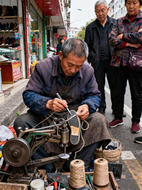 老小区门口修鞋摊匠人工作实拍图