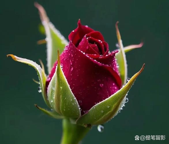红玫瑰花苞晨光微绽