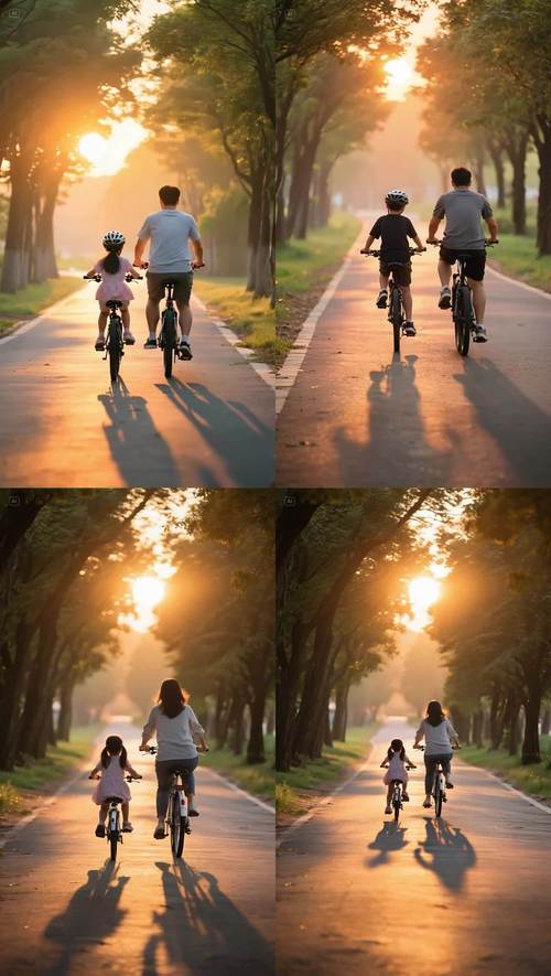 亲子骑自行车背影街景图