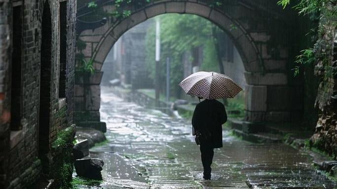 南漳巡检古镇老石板街雨天行人