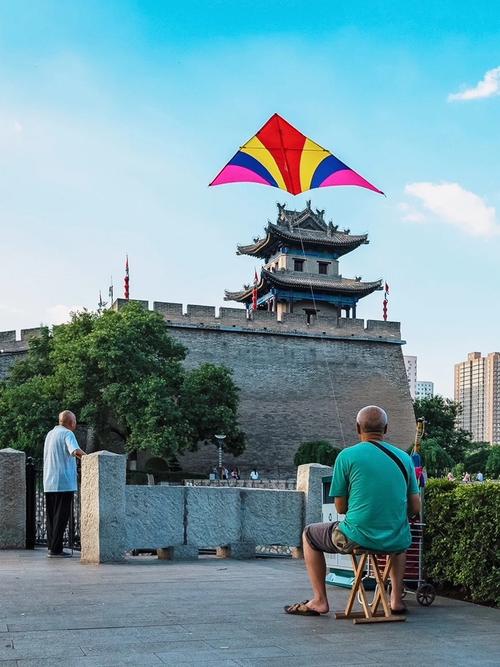 南京鼓楼城墙上老人放沙燕风筝