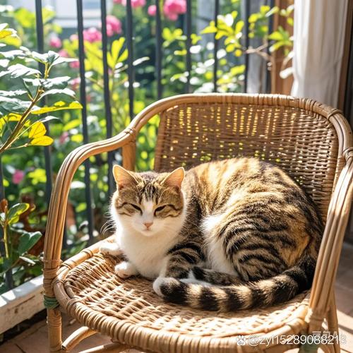 居家日常阳台藤椅和脚边一只正在睡觉的橘猫