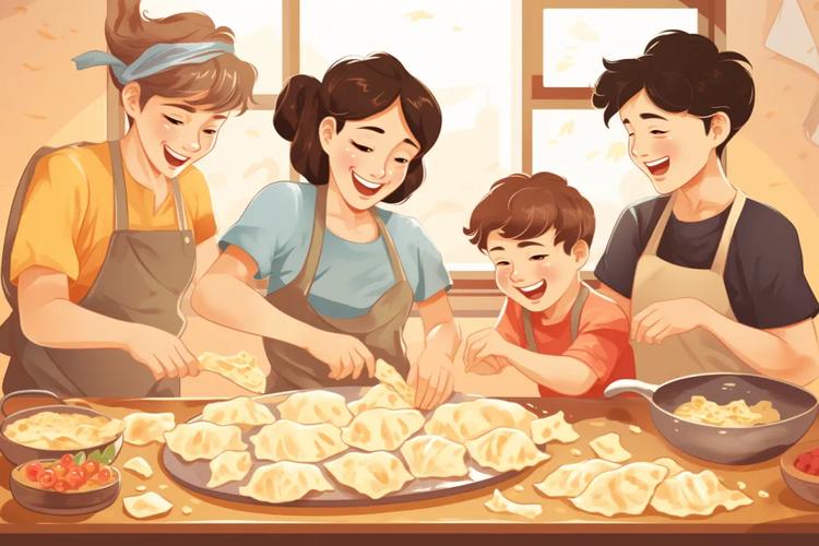 亲子立冬包饺子手绘生活场景