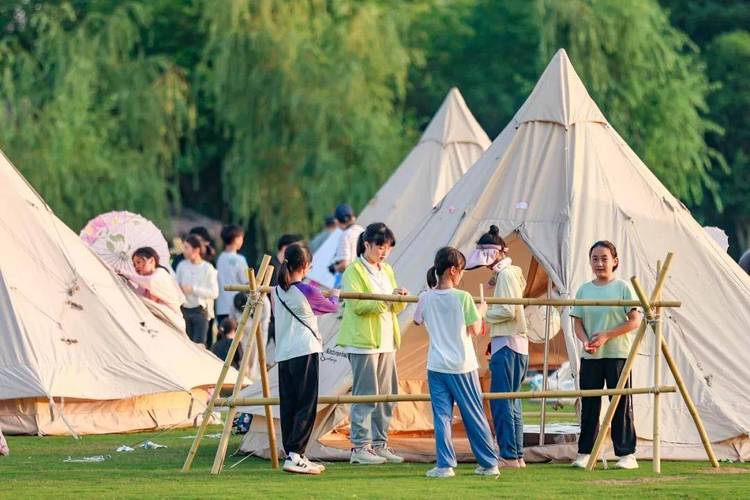 研学旅行学生在户外营地协作搭建帐篷