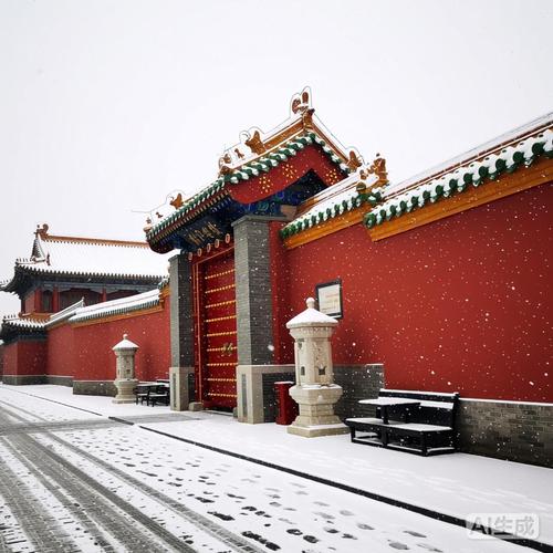 沈阳故宫冬季大政殿红墙落雪景观