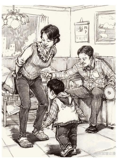 亲子客厅沟通谈心速写图