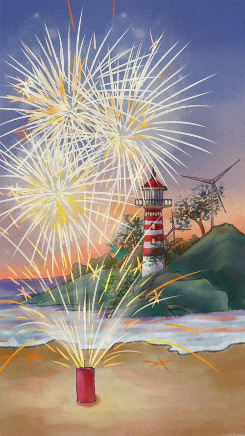 海街日记漫画手绘夏日海边烟花场景