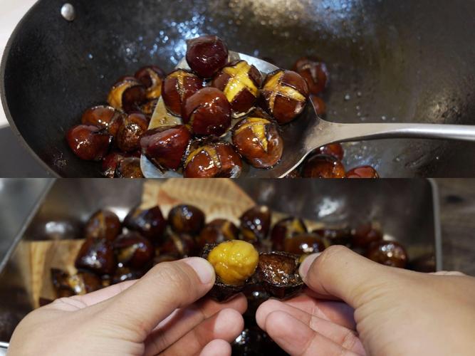 大铁锅糖炒栗子热气腾腾的翻炒过程