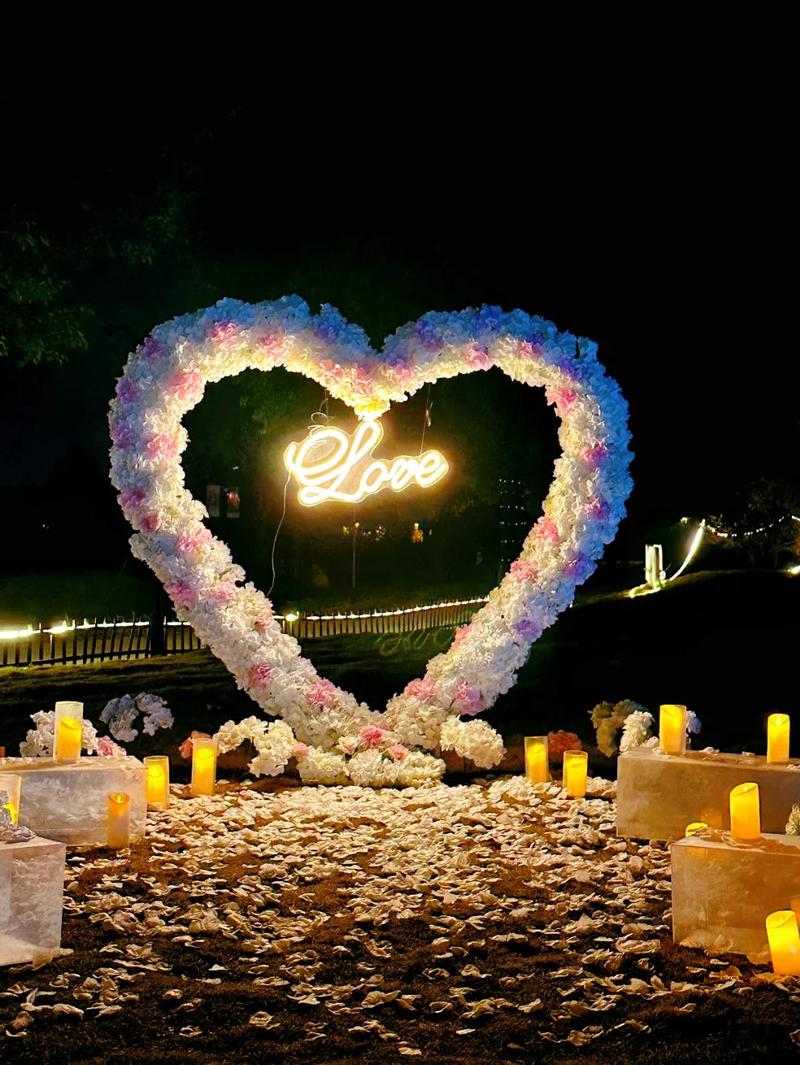 复古马灯搭配玫瑰花瓣求婚通道夜景
