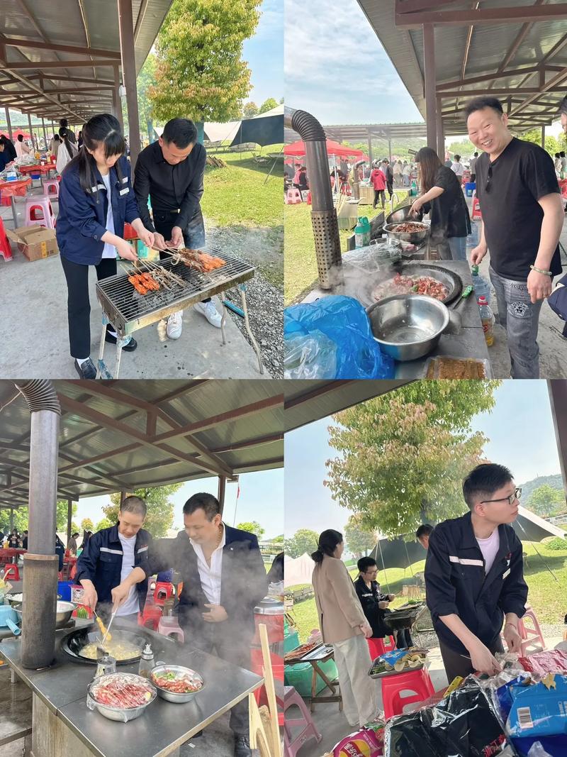 工业厂区外工人周末野餐合影实拍