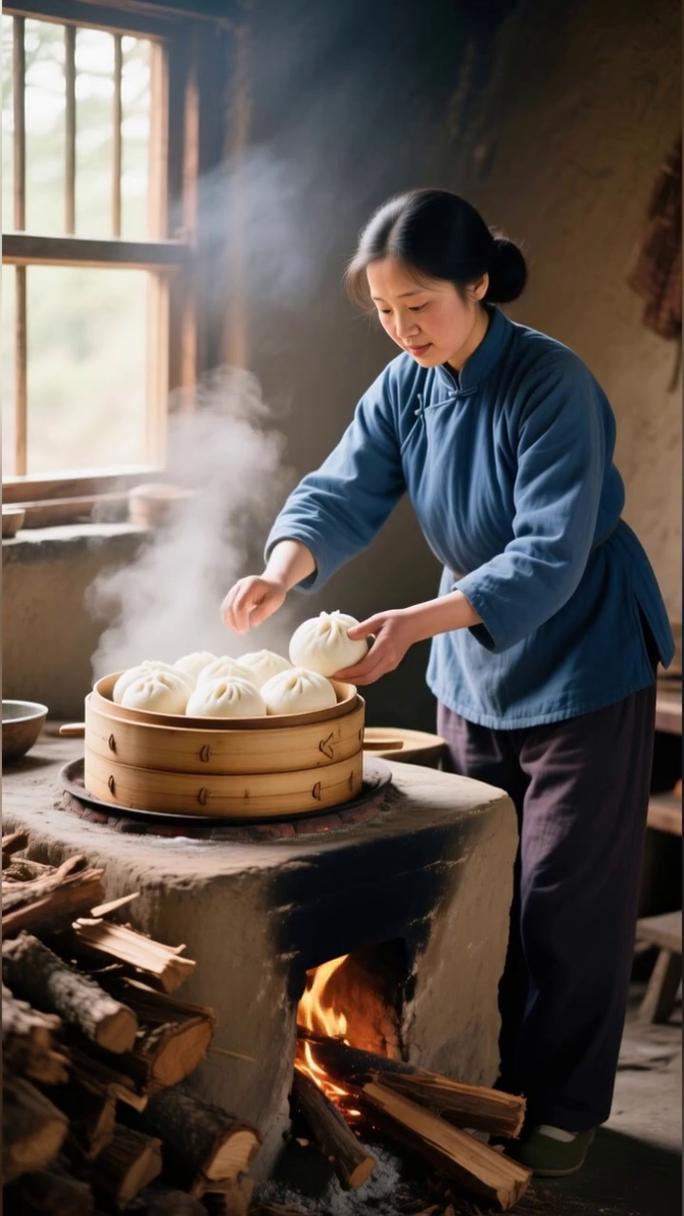 南漳乡村农户蒸花馍老灶场景