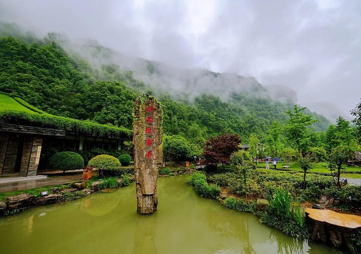 湖北南漳黄龙洞洞口绿树云雾景观