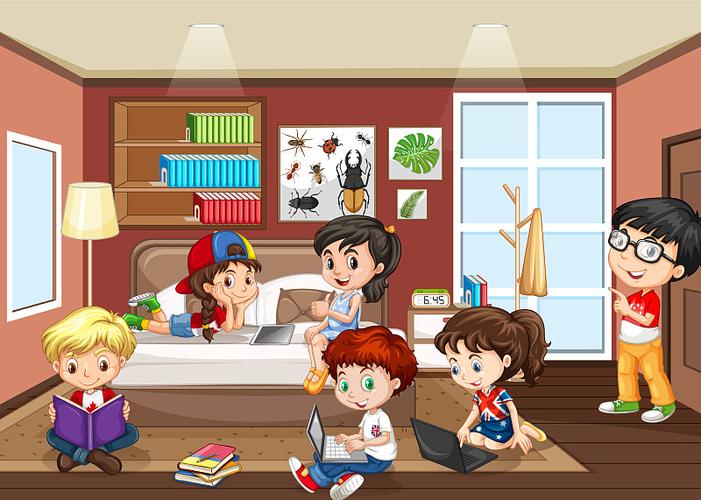 小学生客厅沙发讨论动画片场景