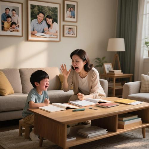 客厅沙发上陪孩子写作业皱眉叹气的母亲