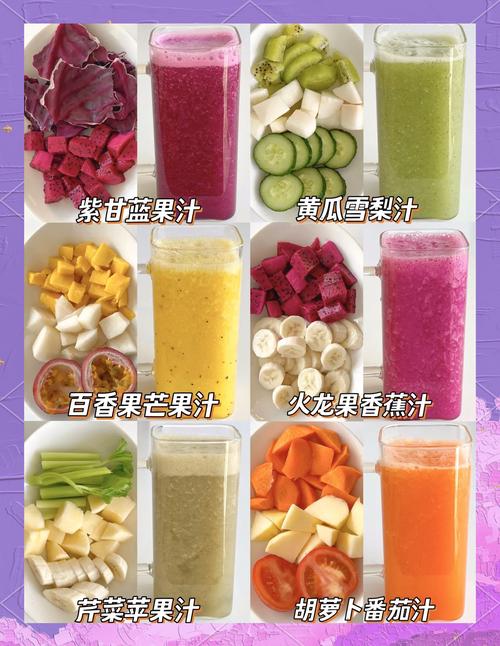 家用榨汁机旁摆放着各种新鲜果蔬原料