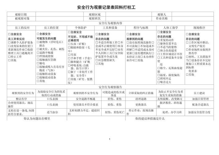 行为安全观察记录表填写示例板