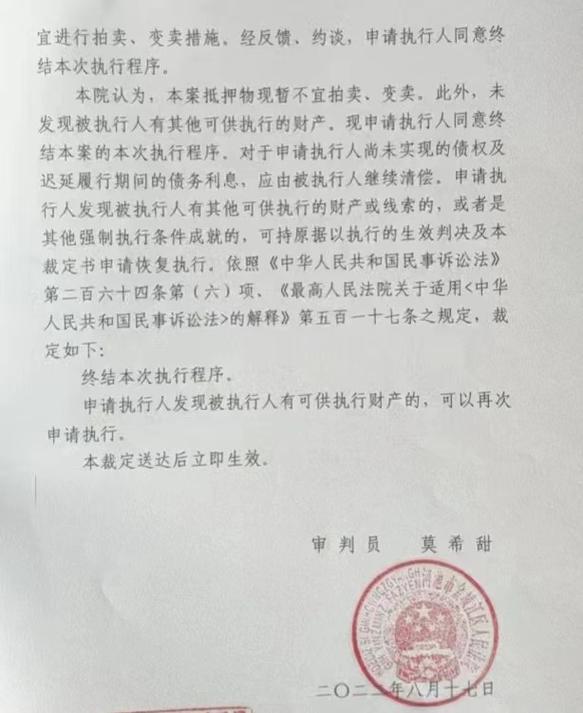 担保责任追偿纠纷法院终本执行裁定书