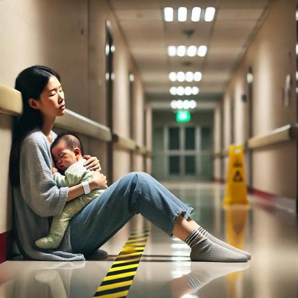 深夜儿保诊室外抱娃的年轻妈妈