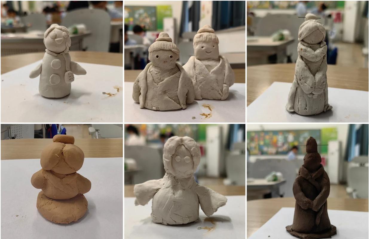 小学手工课学生捏的扁脑袋奶奶泥塑