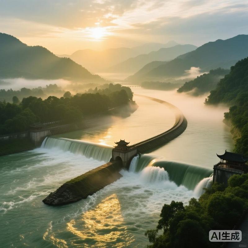 都江堰鱼嘴分水堤清晨景色